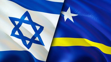 İsrail ve Curacao bayrakları. 3 boyutlu dalgalanan bayrak tasarımı. İsrail Curacao bayrağı, resim, duvar kağıdı. İsrail, Curacao 'ya karşı, görüntü 3 boyutlu. İsrail Curacao ilişkileri ittifak ve ticaret, seyahat, turizm konsepti