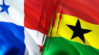 Panama ve Gana bayraklarında yara izi var. Dalgalanan bayrak, 3 boyutlu görüntüleme. Panama ve Gana çatışma konsepti. Panama Gana ilişkileri kavramı. Panama ve Gana bayrağı krizi, savaş, saldırı konsepti