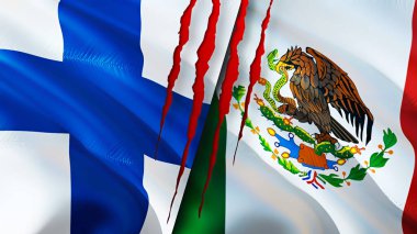 Yara izi olan Finlandiya ve Meksika bayrakları. Dalgalanan bayrak, 3 boyutlu görüntüleme. Finlandiya ve Meksika çatışma konsepti. Finlandiya-Meksika ilişkileri kavramı. Finlandiya bayrağı ve Meksika krizi, savaş, saldırı konsepti