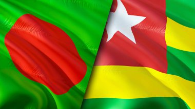 Bangladeş ve Togo bayrakları. 3 boyutlu dalgalanan bayrak tasarımı. Bangladeş Togo bayrağı, resim, duvar kağıdı. Bangladeş Togo 'ya karşı, görüntü 3 boyutlu. Bangladeş Togo ilişkileri ittifak ve ticaret, seyahat, turizm konsepti