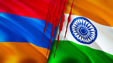 Yara izi olan Ermenistan ve Hindistan bayrakları. Dalgalanan bayrak, 3 boyutlu görüntüleme. Ermenistan ve Hindistan çatışma konsepti. Ermenistan Hindistan ilişkileri kavramı. Ermenistan bayrağı ve Hindistan krizi, savaş, saldırı konsepti