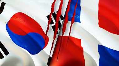 Güney Kore ve Dominik Cumhuriyeti yara izi kavramına sahip bayraklar. Dalgalanan bayrak, 3 boyutlu görüntüleme. Güney Kore ve Dominik Cumhuriyeti çatışma konsepti. Güney Kore Dominik Cumhuriyeti ilişkileri kavramı. bayrak o