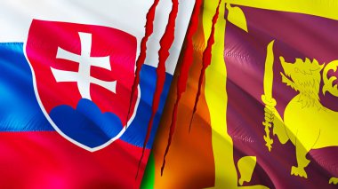 Slovakya ve Sri Lanka bayraklarında yara izi var. Dalgalanan bayrak, 3 boyutlu görüntüleme. Slovakya ve Sri Lanka çatışma konsepti. Slovakya Sri Lanka ilişkileri kavramı. Slovakya bayrağı ve Sri Lanka krizi, savaş