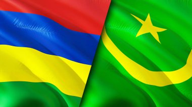 Mauritius ve Moritanya bayrakları. 3 boyutlu dalgalanan bayrak tasarımı. Mauritius Moritanya bayrağı, resim, duvar kağıdı. Mauritius, Moritanya 'ya karşı, görüntü 3 boyutlu. Mauritius Moritanya İlişkiler Birliği