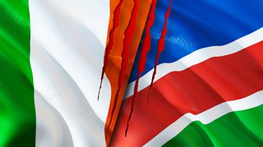 İrlanda ve Namibya bayrakları ve yara izi konsepti. 3D bayrak sallama. İrlanda ve Namibya çatışma konsepti. İrlanda Namibya ilişkileri kavramı. İrlanda bayrağı ve Namibya krizi, savaş, saldırı konsepti