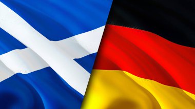İskoçya ve Almanya bayrakları. 3 boyutlu dalgalanan bayrak tasarımı. İskoçya bayrağı, resim, duvar kağıdı. İskoçya, Almanya 'ya karşı görüntü, 3D görüntüleme. İskoçya Almanya ilişkileri ittifak ve ticaret, seyahat, turnuva