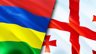 Mauritius ve Georgia bayrakları. 3 boyutlu dalgalanan bayrak tasarımı. Mauritius Georgia bayrağı, resim, duvar kağıdı. Mauritius 'un Georgia' ya karşı imajı, 3D görüntüsü. Mauritius Gürcistan ilişkileri ittifak ve ticaret, seyahat, turnuva