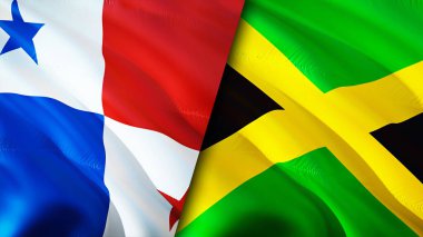 Panama ve Jamaika bayrakları. 3 boyutlu dalgalanan bayrak tasarımı. Panama Jamaika bayrağı, resim, duvar kağıdı. Panama, Jamaika 'ya karşı, görüntü 3D. Panama Jamaika ilişkileri ittifak ve ticaret, seyahat, turizm konsepti