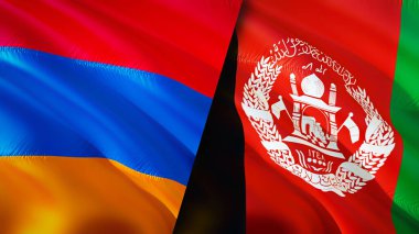 Ermenistan ve Afganistan bayrakları. 3 boyutlu dalgalanan bayrak tasarımı. Ermenistan Afganistan bayrağı, resim, duvar kağıdı. Ermenistan, Afganistan imajına karşı, 3 boyutlu canlandırma. Ermenistan Afganistan ilişkileri ve