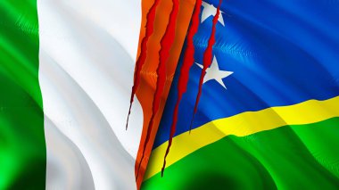 İrlanda ve Solomon Adaları yara izi olan bayraklar. 3D bayrak sallama. İrlanda ve Solomon Adaları çatışma konsepti. İrlanda Solomon Adaları ilişkileri kavramı. İrlanda ve Solomo bayrağı