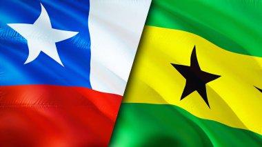 Şili ve Sao Tome ve Principe bayrakları. 3 boyutlu dalgalanan bayrak tasarımı. Şili Sao Tome ve Principe bayrağı, resim, duvar kağıdı. Şili, Sao Tome ve Principe 'ye karşı 3 boyutlu görüntü. Şili Sao Tome ve Princip
