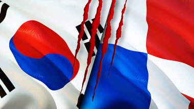 Güney Kore ve Panama bayraklarında yara izi var. Dalgalanan bayrak, 3 boyutlu görüntüleme. Güney Kore ve Panama çatışma konsepti. Güney Kore Panama ilişkileri kavramı. Güney Kore bayrağı ve Panama krizi, savaş