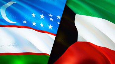 Özbekistan ve Kuveyt bayrakları. 3 boyutlu dalgalanan bayrak tasarımı. Özbekistan Kuveyt bayrağı, resmi, duvar kağıdı. Özbekistan Kuveyt 'e karşı, görüntü 3 boyutlu. Özbekistan Kuveyt ilişkileri ittifak ve ticaret, seyahat, turnuva