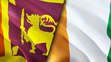 Sri Lanka ve Cote d 'Ivoire bayrakları. 3 boyutlu dalgalanan bayrak tasarımı. Sri Lanka Fildişi Sahili bayrağı, resim, duvar kağıdı. Sri Lanka vs Cote d 'Ivoire imajı, 3D görüntüleme. Sri Lanka Fildişi Sahili İlişkiler İttifakı
