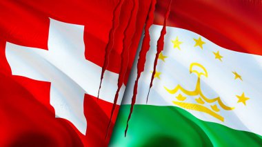 Yara izi olan İsviçre ve Tacikistan bayrakları. Dalgalanan bayrak, 3 boyutlu görüntüleme. İsviçre ve Tacikistan çatışma konsepti. İsviçre Tacikistan ilişkileri kavramı. İsviçre bayrağı ve