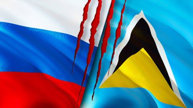 Rusya ve Saint Lucia bayrakları yara izi kavramına sahip. Dalgalanan bayrak, 3 boyutlu görüntüleme. Rusya ve Saint Lucia çatışma konsepti. Rusya Saint Lucia ilişkileri kavramı. Rusya bayrağı ve Saint Lucia krizi, savaş