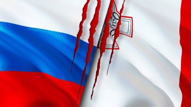 Rusya ve Malta yara izi kavramına sahip bayraklar. Dalgalanan bayrak, 3 boyutlu görüntüleme. Rusya ve Malta çatışma konsepti. Rusya Malta ilişkileri kavramı. Rusya bayrağı ve Malta krizi, savaş, saldırı konsepti