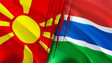 Yara izi olan Kuzey Makedonya ve Gambiya bayrakları. Dalgalanan bayrak, 3 boyutlu görüntüleme. Kuzey Makedonya ve Gambiya ihtilafı kavramı. Kuzey Makedonya Gambiya ilişkileri kavramı. Kuzey Makedonya bayrağı