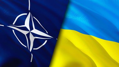 NATO ve Ukrayna bayrakları. 3 boyutlu dalgalanan bayrak tasarımı. Ukrayna NATO bayrağı, resim, duvar kağıdı. NATO, Ukrayna 'ya karşı, görüntü 3 boyutlu. NATO Ukrayna ilişkileri ittifak ve Ticaret, seyahat, turizm konsepti