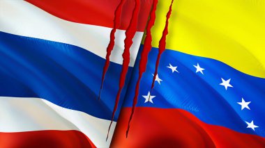 Yara izi olan Tayland ve Venezuela bayrakları. Dalgalanan bayrak, 3 boyutlu görüntüleme. Tayland ve Venezuela çatışma konsepti. Tayland ve Venezuela ilişkileri kavramı. Tayland bayrağı ve Venezuela krizi, savaş