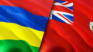 Mauritius ve Bermuda bayrakları. 3 boyutlu dalgalanan bayrak tasarımı. Mauritius Bermuda bayrağı, resim, duvar kağıdı. Mauritius, Bermuda 'ya karşı, görüntü 3 boyutlu. Mauritius Bermuda ilişkileri ittifak ve ticaret, seyahat, turnuva