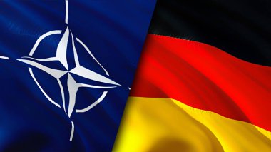 NATO ve Almanya bayrakları. 3 boyutlu dalgalanan bayrak tasarımı. Almanya NATO bayrağı, resim, duvar kağıdı. NATO, Almanya 'ya karşı görüntü, 3D görüntüleme. NATO Almanya ilişkileri ittifak ve ticaret, seyahat, turizm konsepti