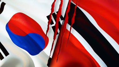 Güney Kore, Trinidad ve yara izi olan Tobago bayrakları. Dalgalanan bayrak, 3 boyutlu görüntüleme. Güney Kore, Trinidad ve Tobago çatışma konsepti. Güney Kore Trinidad ve Tobago ilişkileri kavramı. fla