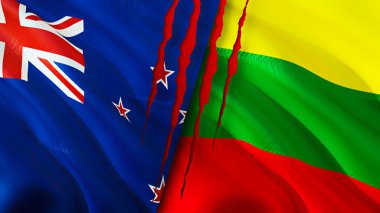 Yara izi olan Yeni Zelanda ve Litvanya bayrakları. 3D bayrak sallama. Yeni Zelanda ve Litvanya çatışma konsepti. Yeni Zelanda Litvanya ilişkileri kavramı. Yeni Zelanda ve Litvanya bayrağı