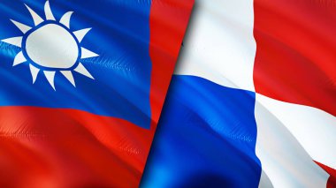 Tayvan ve Panama bayrakları. 3 boyutlu dalgalanan bayrak tasarımı. Tayvan Panama bayrağı, resim, duvar kağıdı. Tayvan, Panama 'ya karşı, görüntü 3 boyutlu. Tayvan Panama ilişkileri ittifak ve ticaret, seyahat, turizm konsepti