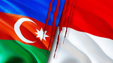 Yara izi olan Azerbaycan ve Monako bayrakları. Dalgalanan bayrak, 3 boyutlu görüntüleme. Azerbaycan ve Monako çatışma konsepti. Azerbaycan Monako ilişkileri kavramı. Azerbaycan bayrağı ve Monako krizi, savaş, attac