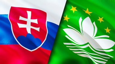 Slovakya ve Macau bayrakları. 3 boyutlu dalgalanan bayrak tasarımı. Slovakya Macau bayrağı, resim, duvar kağıdı. Slovakya, Macau görüntüsüne karşı, 3D görüntüleme. Slovakya Macau ilişkileri ittifak ve ticaret, seyahat, turizm konsepti
