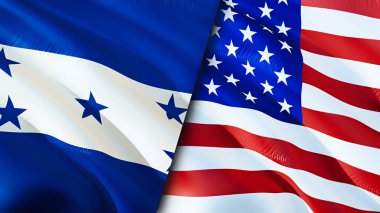 Honduras ve Birleşik Devletler bayrakları. 3 boyutlu dalgalanan bayrak tasarımı. Honduras Birleşik Devletler bayrağı, resim, duvar kağıdı. Honduras, Birleşik Devletler imajına karşı, 3D görüntüleme. Honduras Birleşik Devletler ilişkileri ittifakı