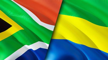Güney Afrika ve Gabon bayrakları. 3 boyutlu dalgalanan bayrak tasarımı. Güney Afrika Gabon bayrağı, resim, duvar kağıdı. Güney Afrika, Gabon 'a karşı, görüntü 3 boyutlu. Güney Afrika Gabon ilişkileri ittifakı