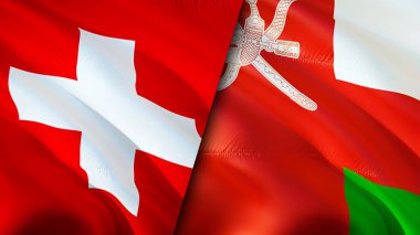 İsviçre ve Umman bayrakları. 3 boyutlu dalgalanan bayrak tasarımı. İsviçre Umman bayrağı, resim, duvar kağıdı. İsviçre, Umman 'a karşı, görüntü 3D. İsviçre Umman ilişkileri ittifak ve ticaret, seyahat, turnuva