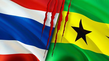 Tayland ve Sao Tome ve Principe bayrakları yara izi konseptiyle. Dalgalanan bayrak, 3 boyutlu görüntüleme. Tayland ve Sao Tome ve Principe çatışma konsepti. Tayland Sao Tome ve Principe ilişkileri kavramı. bayrak o