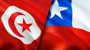Tunus ve Şili bayrakları. 3 boyutlu dalgalanan bayrak tasarımı. Tunus Şili bayrağı, resim, duvar kağıdı. Tunus, Şili 'ye karşı, görüntü 3 boyutlu. Tunus Şili ilişkileri ittifak ve ticaret, seyahat, turizm konsepti