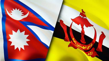 Nepal ve Brunei bayrakları. 3 boyutlu dalgalanan bayrak tasarımı. Nepal Brunei bayrağı, resim, duvar kağıdı. Nepal vs Brunei görüntüsü, 3D görüntüleme. Nepal Brunei ilişkileri ittifak ve ticaret, seyahat, turizm konsepti