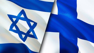 İsrail ve Finlandiya bayrakları. 3 boyutlu dalgalanan bayrak tasarımı. İsrail Finlandiya bayrağı, resim, duvar kağıdı. İsrail, Finlandiya 'ya karşı imaj, 3D görüntüleme. İsrail Finlandiya 'da ittifak ve ticaret, seyahat ve turizm konuları