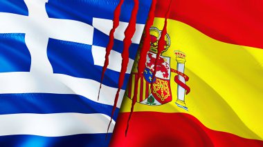Yunanistan ve İspanya yara izi kavramına sahip bayraklar. Dalgalanan bayrak, 3 boyutlu görüntüleme. Yunanistan ve İspanya çatışma konsepti. Yunanistan İspanya ilişkileri kavramı. Yunanistan bayrağı ve İspanya krizi, savaş, saldırı konsepti