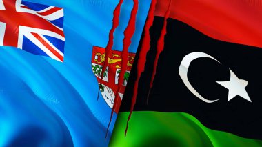 Fiji ve Libya bayraklarında yara izi var. Dalgalanan bayrak, 3 boyutlu görüntüleme. Fiji ve Libya çatışma konsepti. Fiji Libya ilişkileri kavramı. Fiji ve Libya bayrağı kriz, savaş, saldırı konsepti