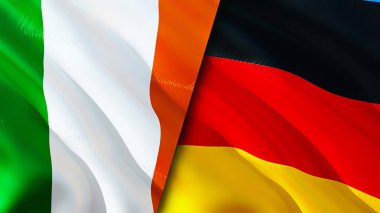 İrlanda ve Almanya bayrakları. 3 boyutlu dalgalanan bayrak tasarımı. İrlanda bayrağı, resim, duvar kağıdı. İrlanda, Almanya 'ya karşı görüntü, 3D görüntüleme. İrlanda Almanya savaş ittifakı kavramı. Ticaret, turnuva.