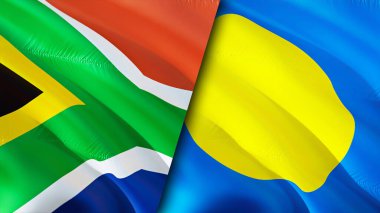 Güney Afrika ve Palau bayrakları. 3 boyutlu dalgalanan bayrak tasarımı. Güney Afrika Palau bayrağı, resim, duvar kağıdı. Güney Afrika, Palau 'ya karşı, görüntü 3 boyutlu. Güney Afrika Palau ilişkileri