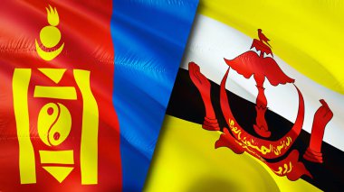 Moğolistan ve Brunei bayrakları. 3 boyutlu dalgalanan bayrak tasarımı. Moğolistan Brunei bayrağı, resim, duvar kağıdı. Moğolistan Brunei 'ye karşı, görüntü 3 boyutlu. Moğolistan Brunei ilişkileri ittifak ve ticaret, seyahat, turizm konsepti