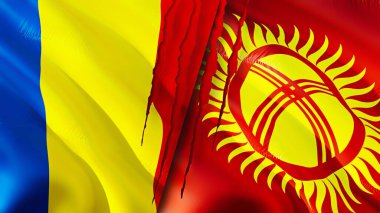 Romanya ve Kırgızistan yara izi kavramına sahip bayraklar. Dalgalanan bayrak, 3 boyutlu görüntüleme. Romanya ve Kırgızistan ihtilaf kavramı. Romanya Kırgızistan ilişkileri kavramı. Romanya bayrağı ve Kırgızistan krizi, savaş