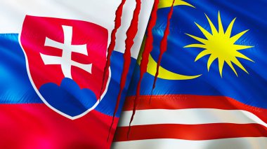 Slovakya ve Malezya bayraklarında yara izi var. Dalgalanan bayrak, 3 boyutlu görüntüleme. Slovakya ve Malezya çatışma konsepti. Slovakya Malezya ilişkileri kavramı. Slovakya ve Malezya bayrağı krizi, savaş, attac