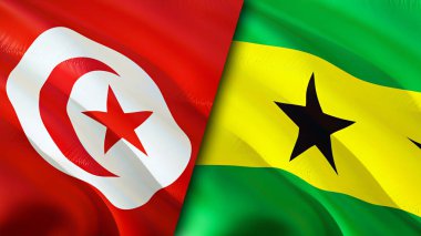 Tunus, Sao Tome ve Principe bayrakları. 3 boyutlu dalgalanan bayrak tasarımı. Tunus Sao Tome ve Principe bayrağı, resim, duvar kağıdı. Tunus, Sao Tome 'a karşı ve Principe imajı, 3D canlandırma. Tunus Sao Tome ve