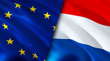 Avrupa Birliği ve Hollanda bayrakları. 3 boyutlu dalgalanan bayrak tasarımı. Avrupa Birliği Hollanda bayrağı, resmi, duvar kağıdı. Avrupa Birliği, Hollanda 'ya karşı, görüntü 3D. Avrupa Birliği Hollanda