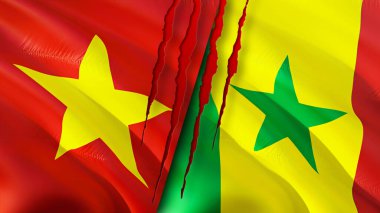 Vietnam ve Senegal bayrakları. 3 boyutlu dalgalanan bayrak tasarımı. Vietnam Senegal bayrağı, resim, duvar kağıdı. Vietnam, Senegal imajına karşı, 3 boyutlu canlandırma. Vietnam Senegal ilişkileri ittifak ve ticaret, seyahat, turizm konsepti