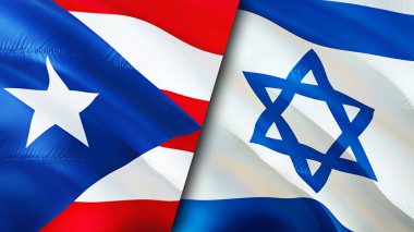 Porto Riko ve İsrail bayrakları. 3 boyutlu dalgalanan bayrak tasarımı. Porto Riko İsrail bayrağı, resim, duvar kağıdı. Porto Riko İsrail 'e karşı, görüntü 3 boyutlu. Porto Riko İsrail ilişkileri