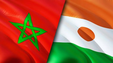 Fas ve Nijer bayrakları. 3 boyutlu dalgalanan bayrak tasarımı. Fas Nijer bayrağı, resim, duvar kağıdı. Fas, Nijer imajına karşı, 3 boyutlu canlandırma. Fas Nijer ilişkileri ittifak ve ticaret, seyahat, turizm konsepti